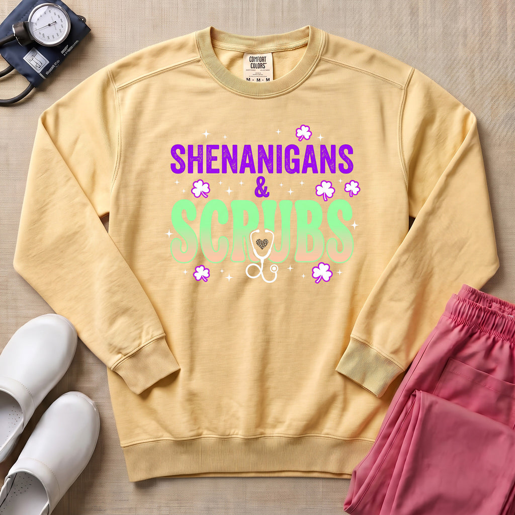 Shenanigans & Scrubs St. Patrick's Day Funny Nurse Gift Sweatshirt - Butter Comfort Colors Sweatshirt | HugTee