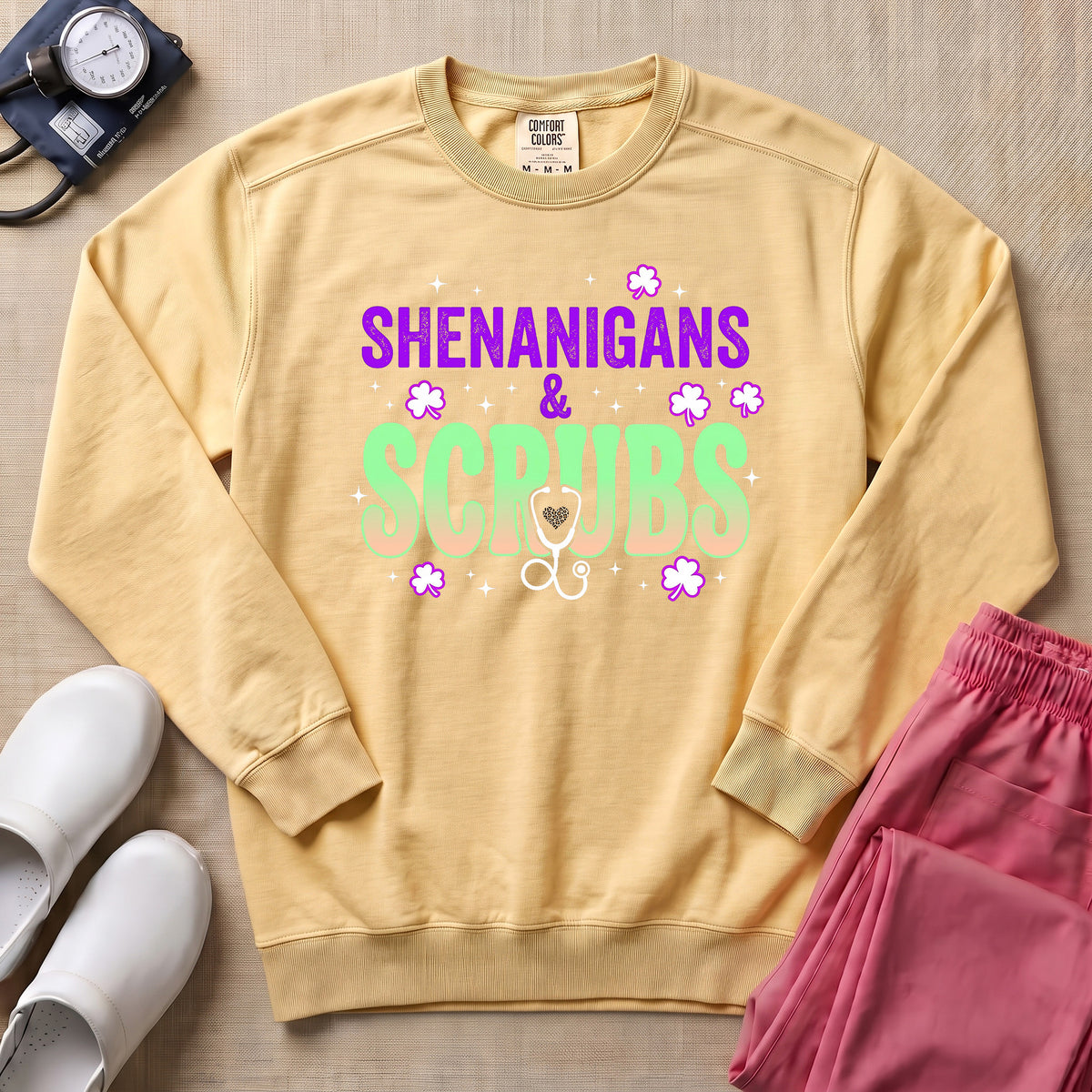 Shenanigans & Scrubs St. Patrick's Day Funny Nurse Gift Sweatshirt - Butter Comfort Colors Sweatshirt | HugTee