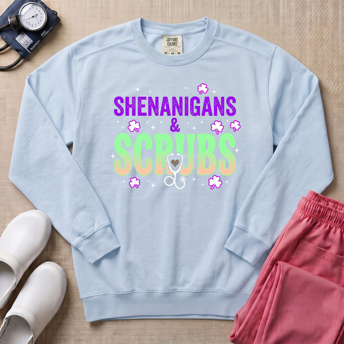 Shenanigans & Scrubs St. Patrick's Day Funny Nurse Gift Sweatshirt - Chambray Comfort Colors Sweatshirt | HugTee