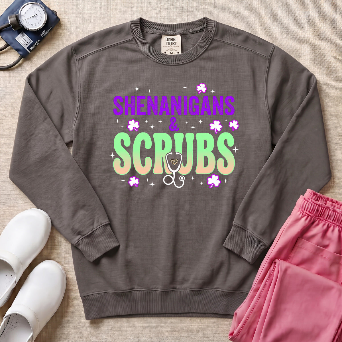 Shenanigans & Scrubs St. Patrick's Day Funny Nurse Gift Sweatshirt - Pepper Lifestyle Hero Mockup | HugTee