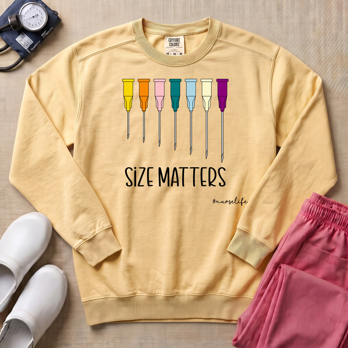 Funny Size Matters IV Gauge Medical Humor Sweatshirt - Butter Comfort Colors Sweatshirt | HugTee