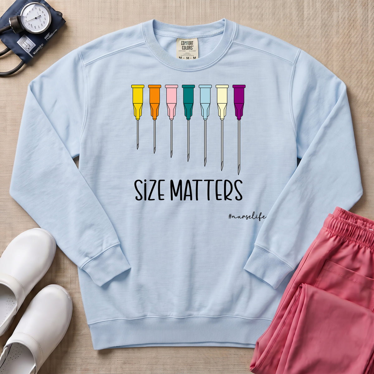 Funny Size Matters IV Gauge Medical Humor Sweatshirt - Chambray Comfort Colors Sweatshirt | HugTee