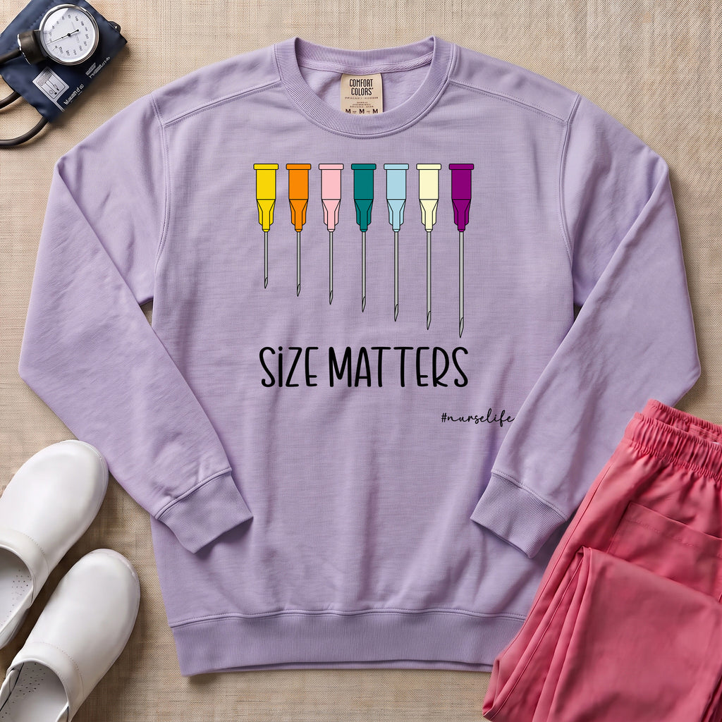 Funny Size Matters IV Gauge Medical Humor Sweatshirt - Orchid Comfort Colors Sweatshirt | HugTee