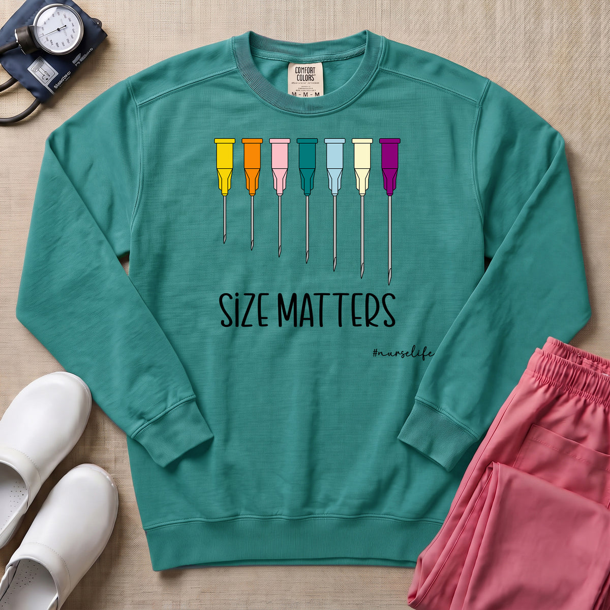 Funny Size Matters IV Gauge Medical Humor Sweatshirt - Seafoam Comfort Colors Sweatshirt | HugTee