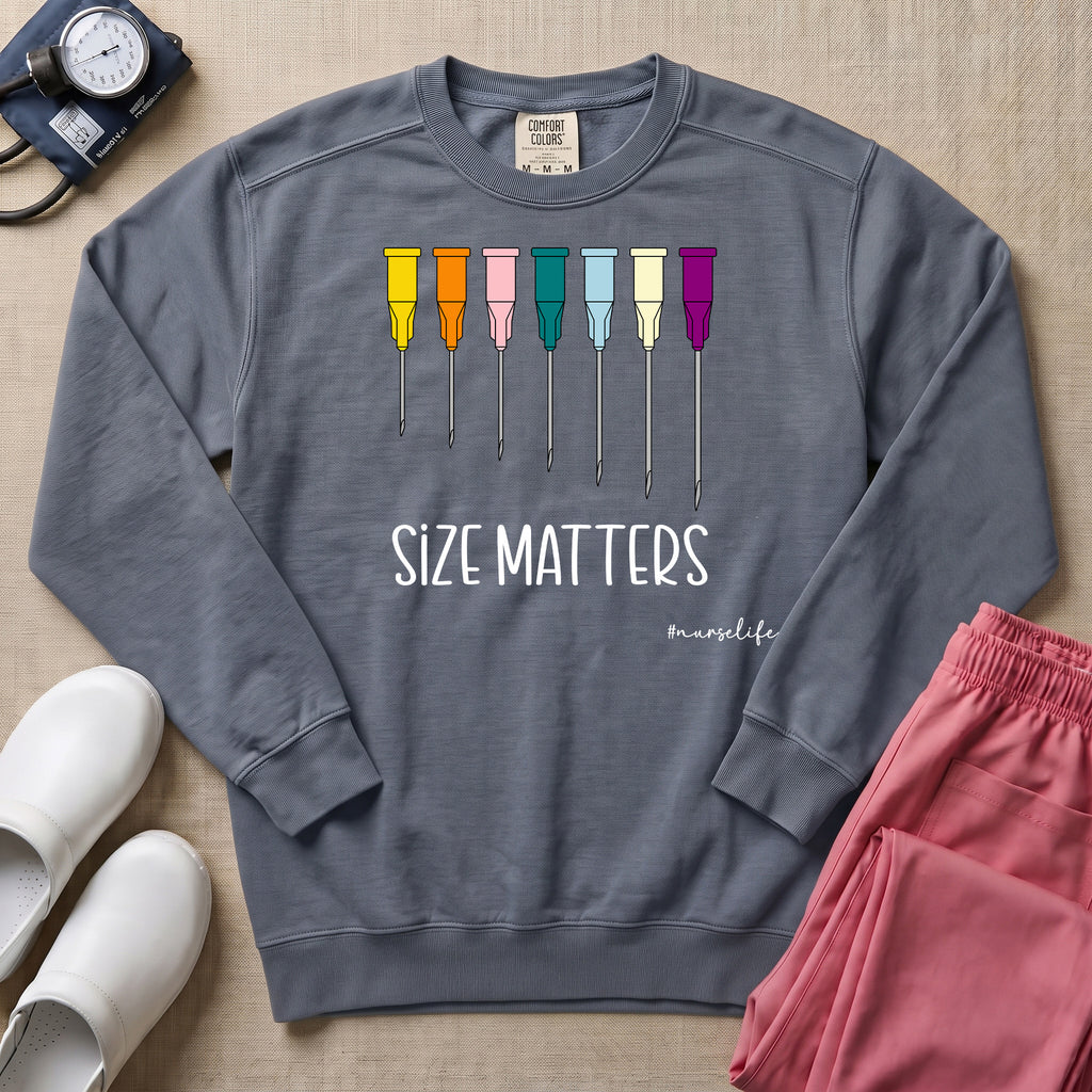 Funny Size Matters IV Gauge Medical Humor Sweatshirt - Blue Jean Comfort Colors Sweatshirt | HugTee