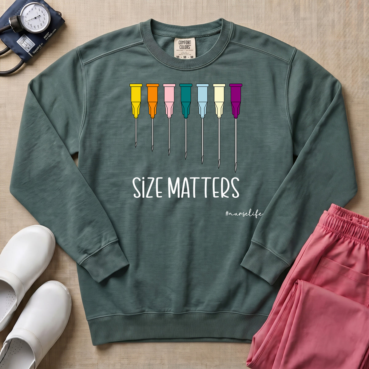 Funny Size Matters IV Gauge Medical Humor Sweatshirt - Blue Spruce Comfort Colors Sweatshirt | HugTee
