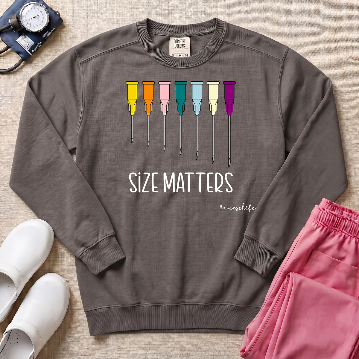 Funny Size Matters IV Gauge Medical Humor Sweatshirt - Pepper Lifestyle Hero Mockup | HugTee