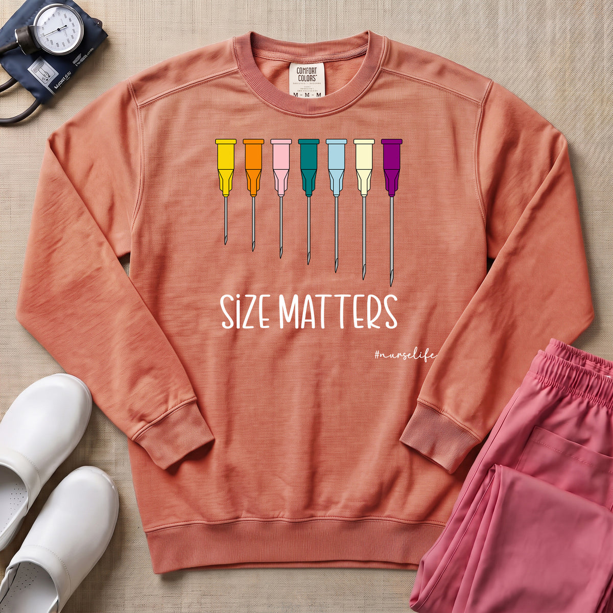 Funny Size Matters IV Gauge Medical Humor Sweatshirt - Terracotta Comfort Colors Sweatshirt | HugTee