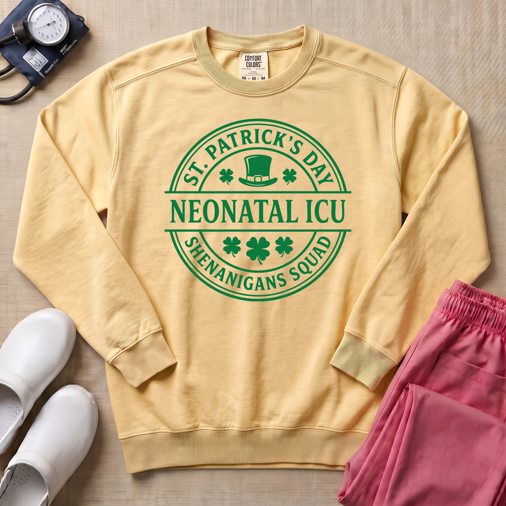 St. Patrick's Day Neonatal ICU Shenanigans Squad Sweatshirt - Butter Comfort Colors Sweatshirt | HugTee