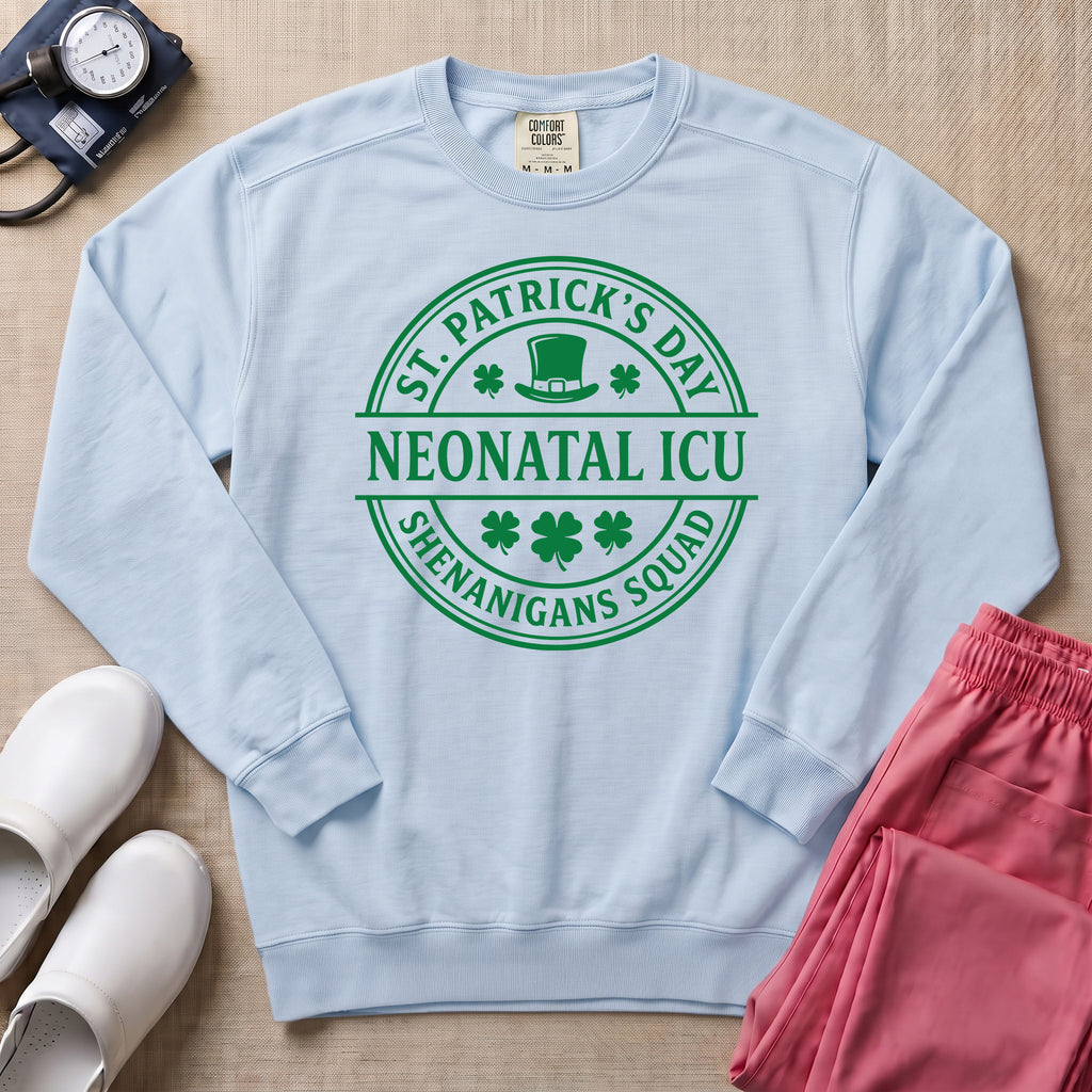 St. Patrick's Day Neonatal ICU Shenanigans Squad Sweatshirt - Chambray Comfort Colors Sweatshirt | HugTee