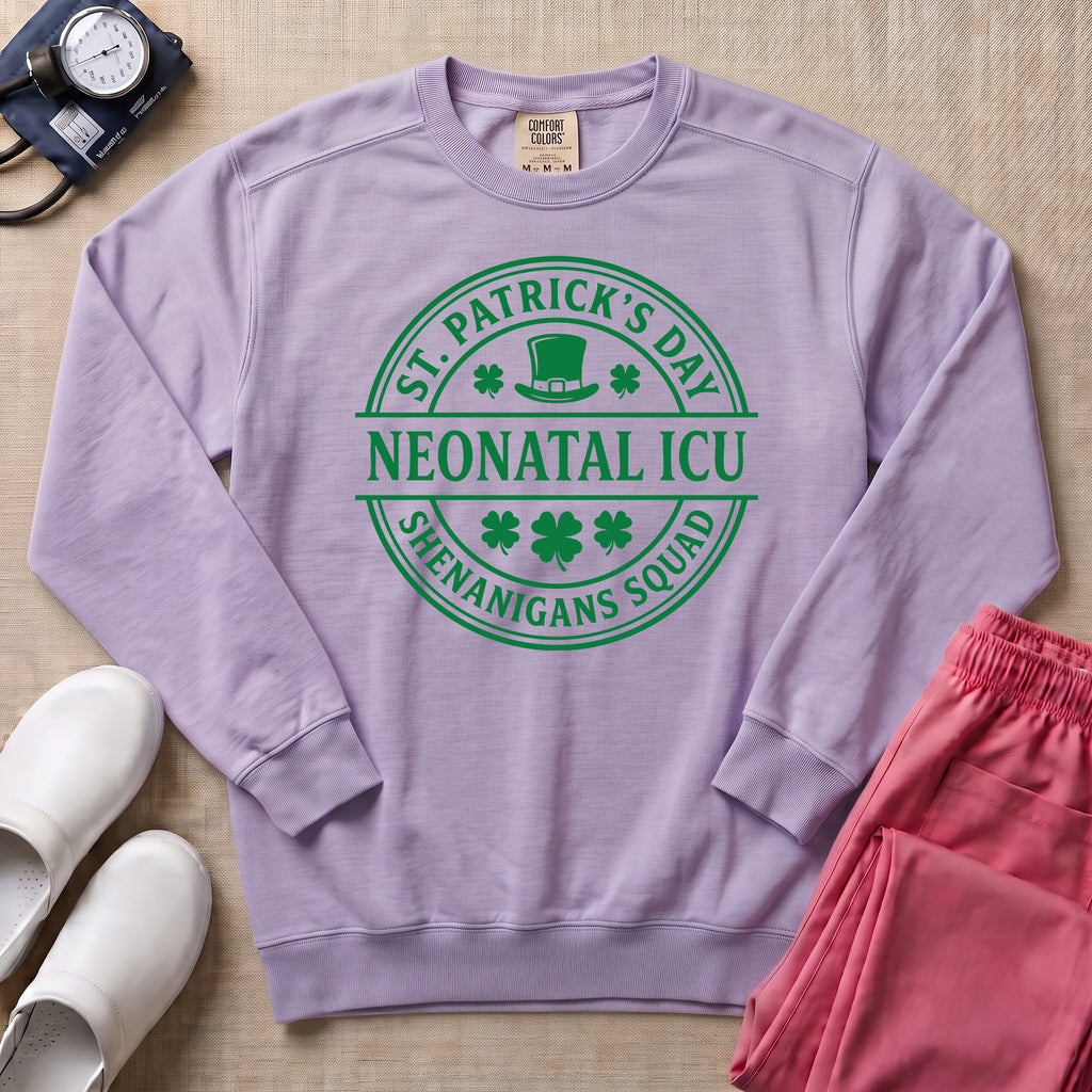 St. Patrick's Day Neonatal ICU Shenanigans Squad Sweatshirt - Orchid Comfort Colors Sweatshirt | HugTee