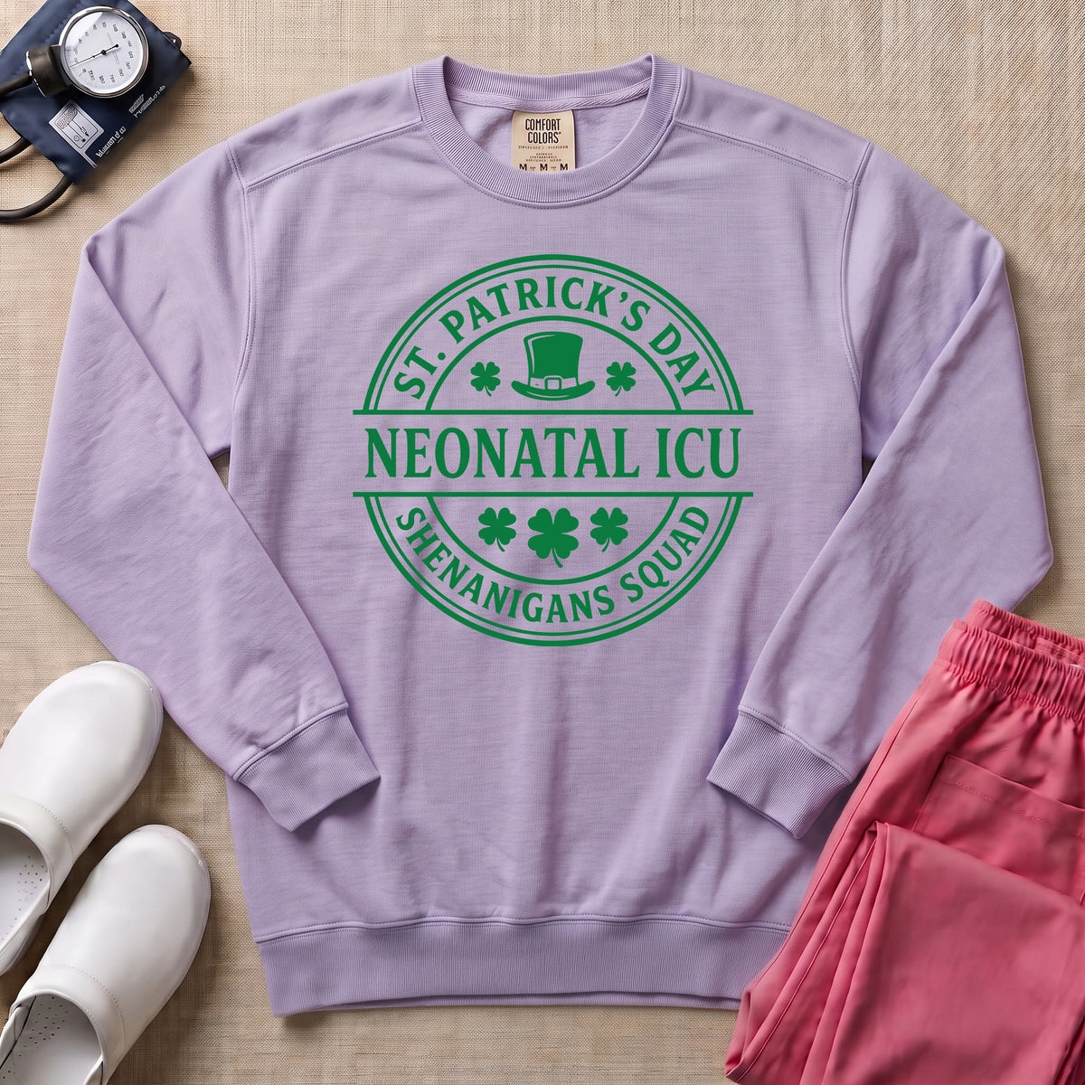 St. Patrick's Day Neonatal ICU Shenanigans Squad Sweatshirt - Orchid Comfort Colors Sweatshirt | HugTee
