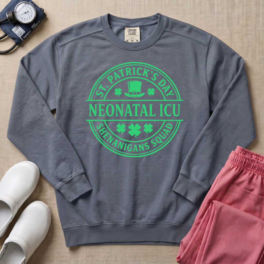 St. Patrick's Day Neonatal ICU Shenanigans Squad Sweatshirt - Blue Jean Comfort Colors Sweatshirt | HugTee