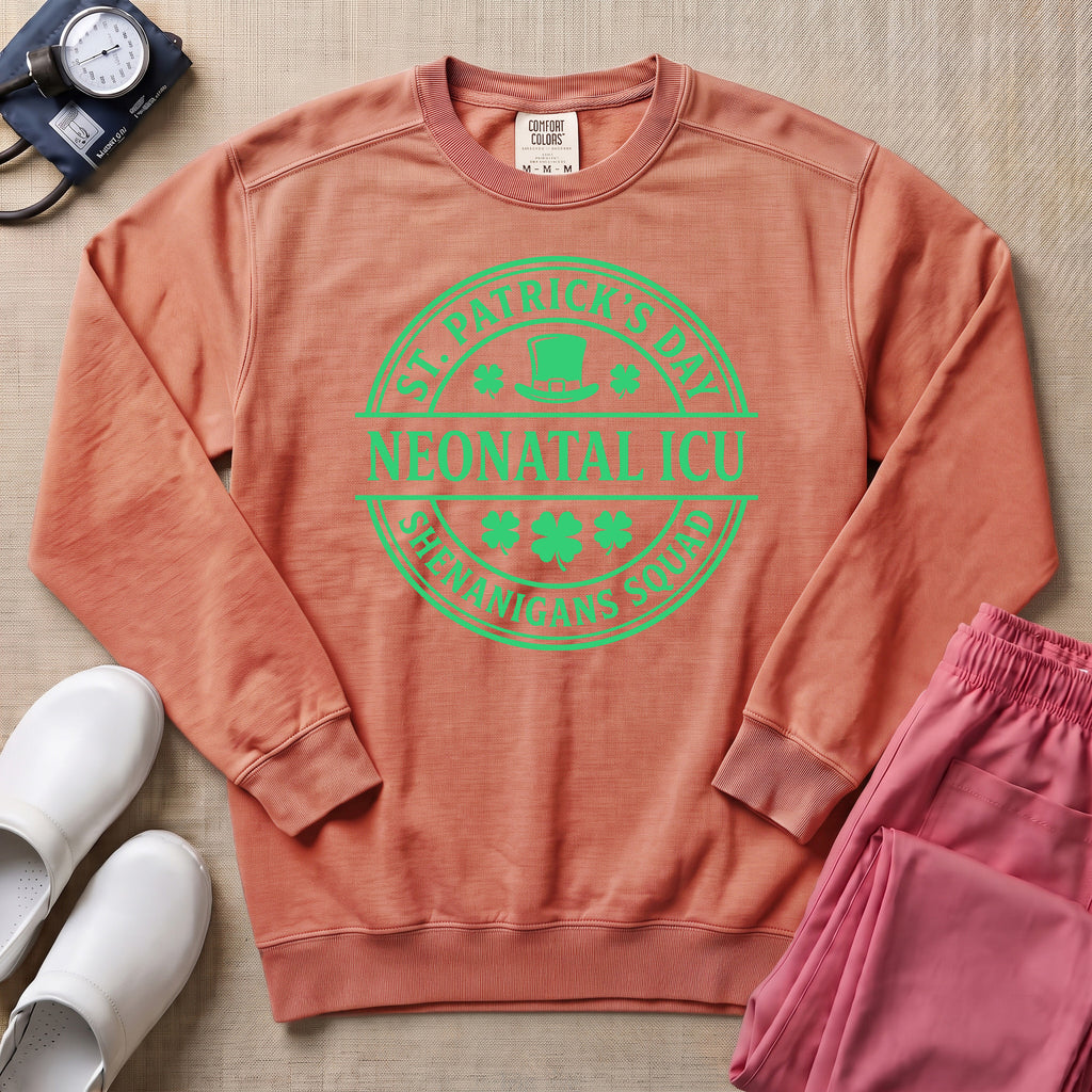 St. Patrick's Day Neonatal ICU Shenanigans Squad Sweatshirt - Terracotta Comfort Colors Sweatshirt | HugTee