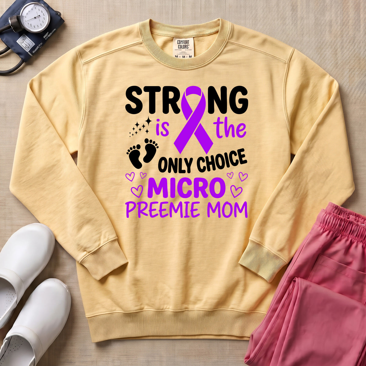 Strong Micro Preemie Mom Purple Ribbon NICU Sweatshirt - Butter Comfort Colors Sweatshirt | HugTee