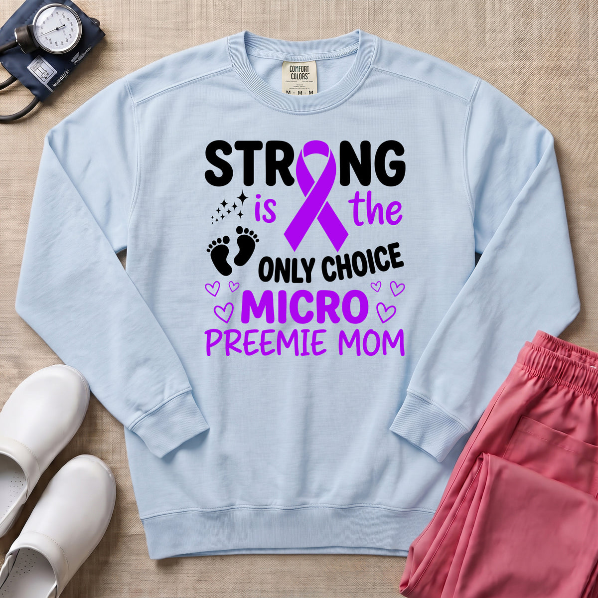 Strong Micro Preemie Mom Purple Ribbon NICU Sweatshirt - Chambray Comfort Colors Sweatshirt | HugTee