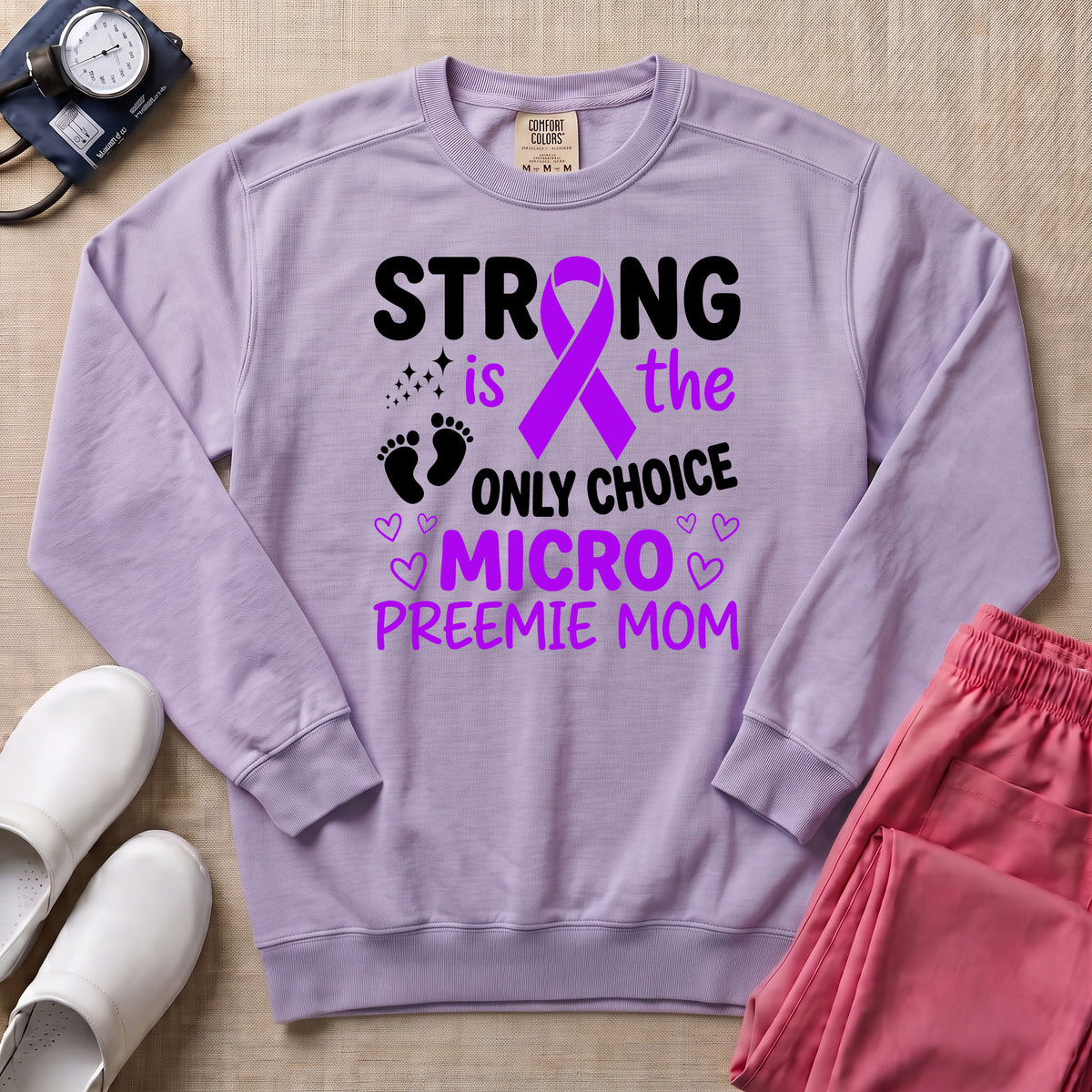 Strong Micro Preemie Mom Purple Ribbon NICU Sweatshirt - Orchid Comfort Colors Sweatshirt | HugTee