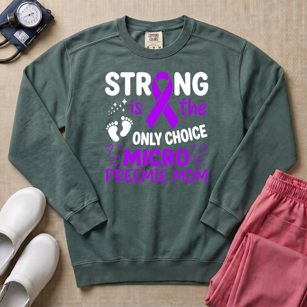 Strong Micro Preemie Mom Purple Ribbon NICU Sweatshirt - Blue Spruce Comfort Colors Sweatshirt | HugTee