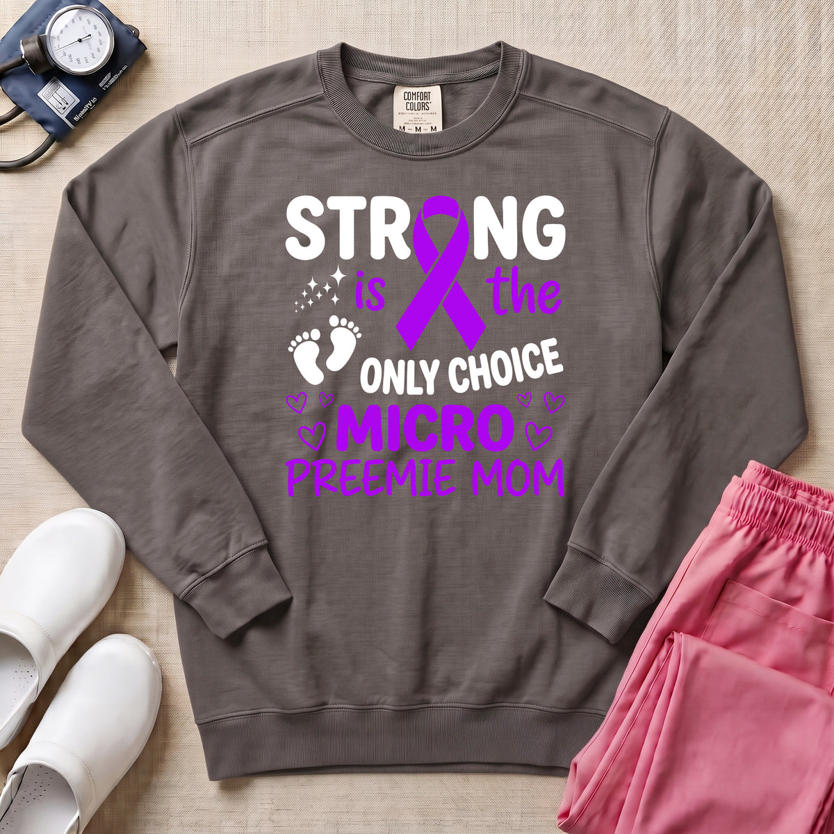 Strong Micro Preemie Mom Purple Ribbon NICU Sweatshirt - Pepper Lifestyle Hero Mockup | HugTee