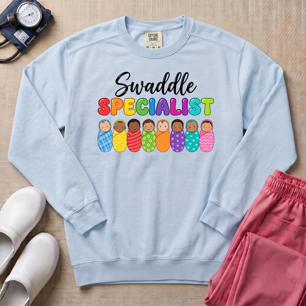 Swaddle Specialist L&D and NICU Nurse Sweatshirt - Chambray Comfort Colors Sweatshirt | HugTee