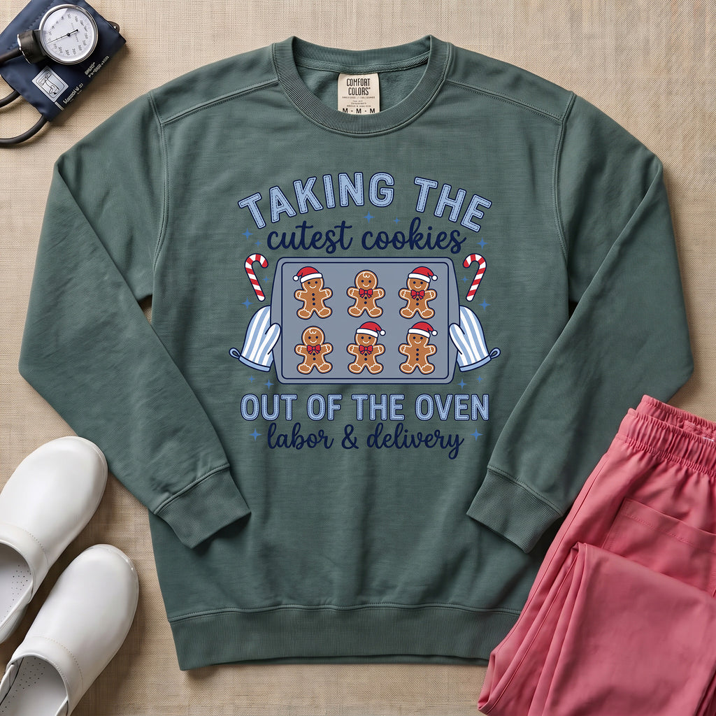 Taking The Cutest Cookies Out Of The Oven Labor and Delivery Christmas Nurse Sweatshirt - Blue Spruce Comfort Colors Sweatshirt | HugTee