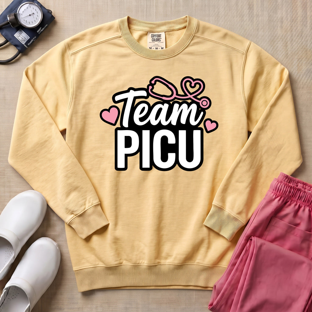Team PICU Pediatric Nurse Sweatshirt - Butter Comfort Colors Sweatshirt | HugTee