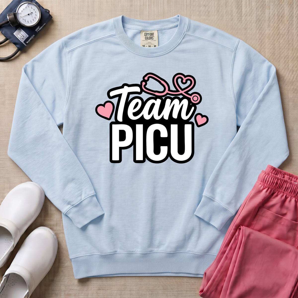 Team PICU Pediatric Nurse Sweatshirt - Chambray Comfort Colors Sweatshirt | HugTee