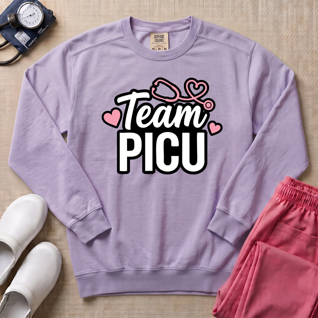 Team PICU Pediatric Nurse Sweatshirt - Orchid Comfort Colors Sweatshirt | HugTee