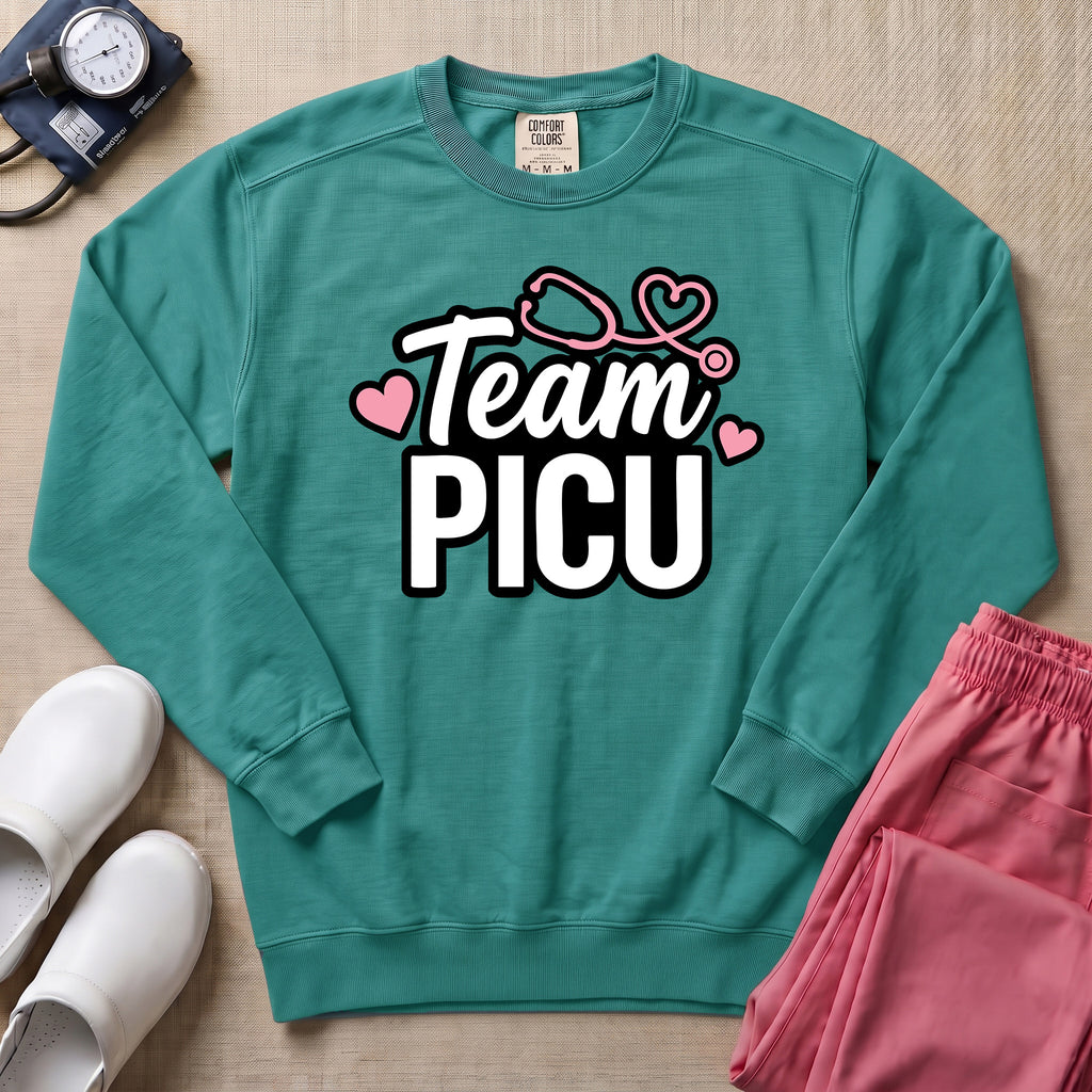 Team PICU Pediatric Nurse Sweatshirt - Seafoam Comfort Colors Sweatshirt | HugTee