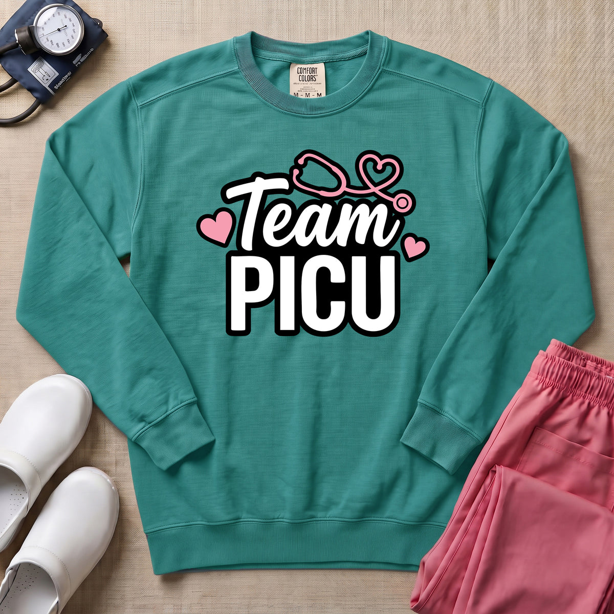 Team PICU Pediatric Nurse Sweatshirt - Seafoam Comfort Colors Sweatshirt | HugTee