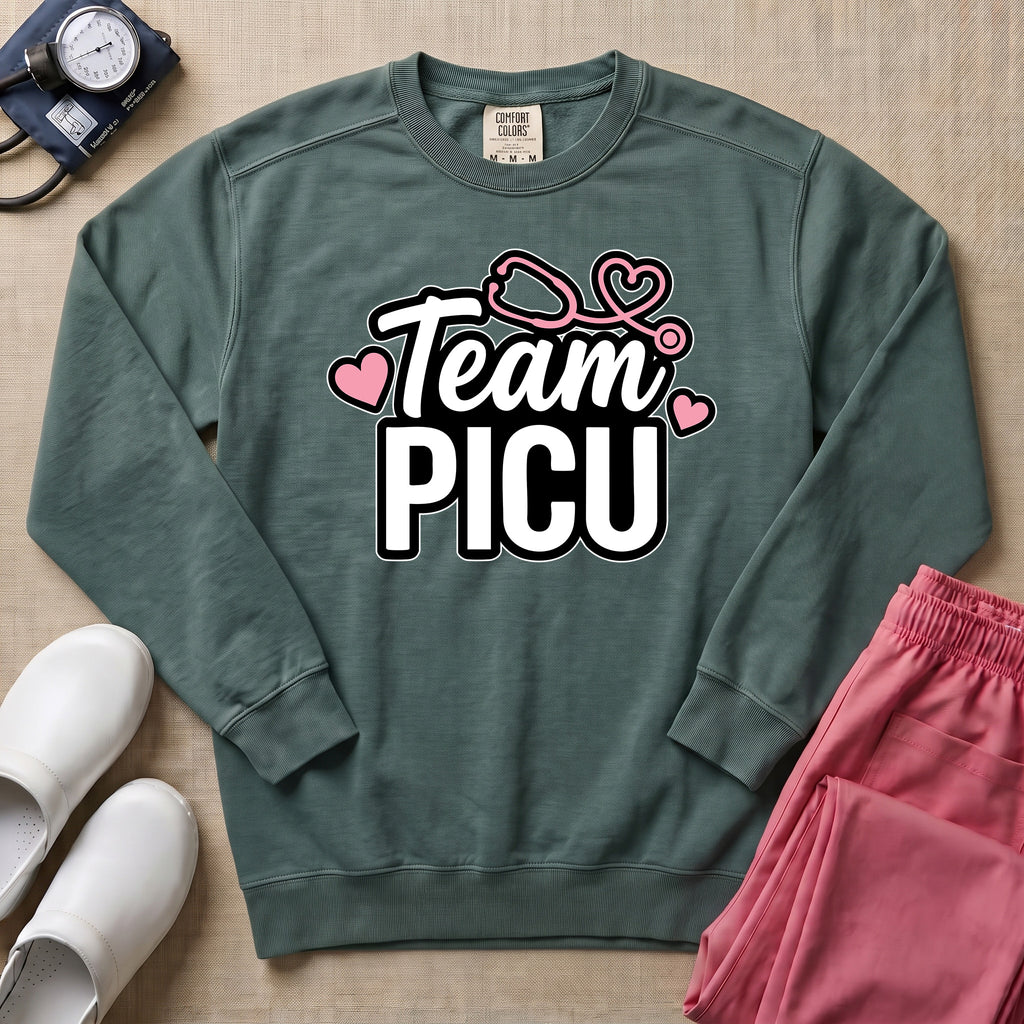 Team PICU Pediatric Nurse Sweatshirt - Blue Spruce Comfort Colors Sweatshirt | HugTee
