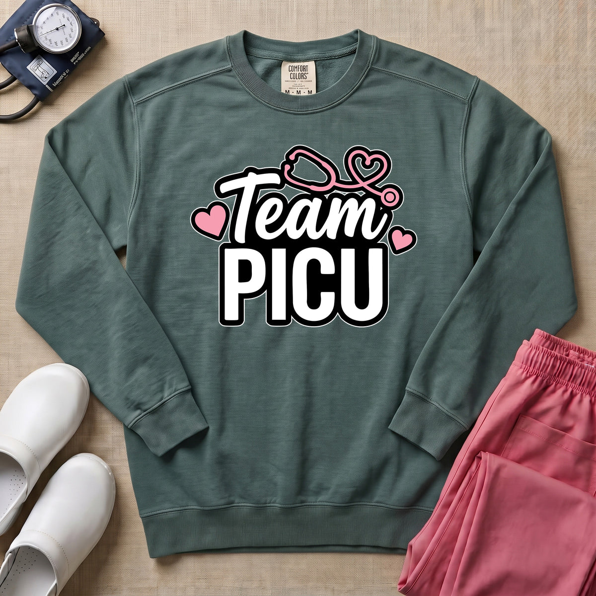 Team PICU Pediatric Nurse Sweatshirt - Blue Spruce Comfort Colors Sweatshirt | HugTee