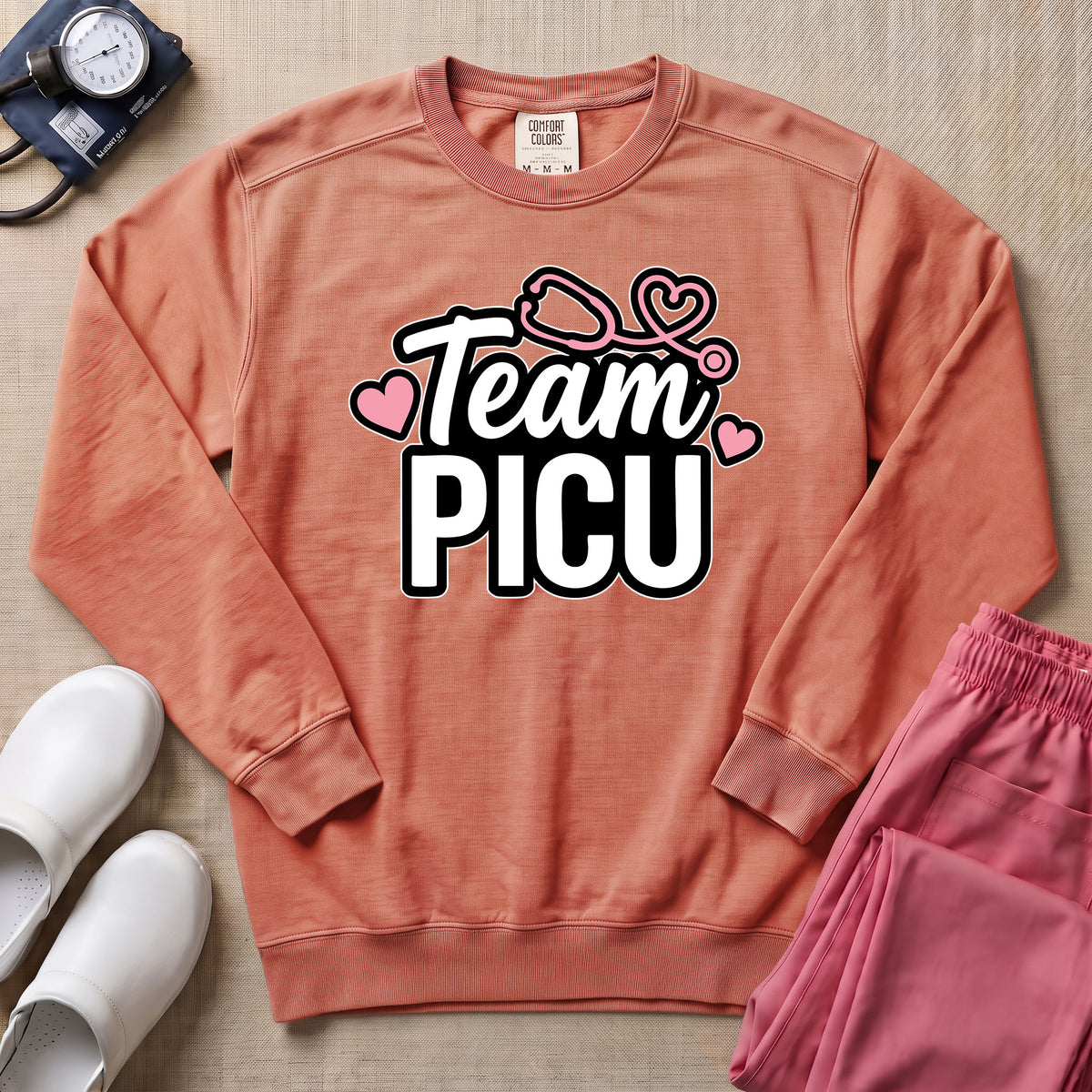 Team PICU Pediatric Nurse Sweatshirt - Terracotta Comfort Colors Sweatshirt | HugTee