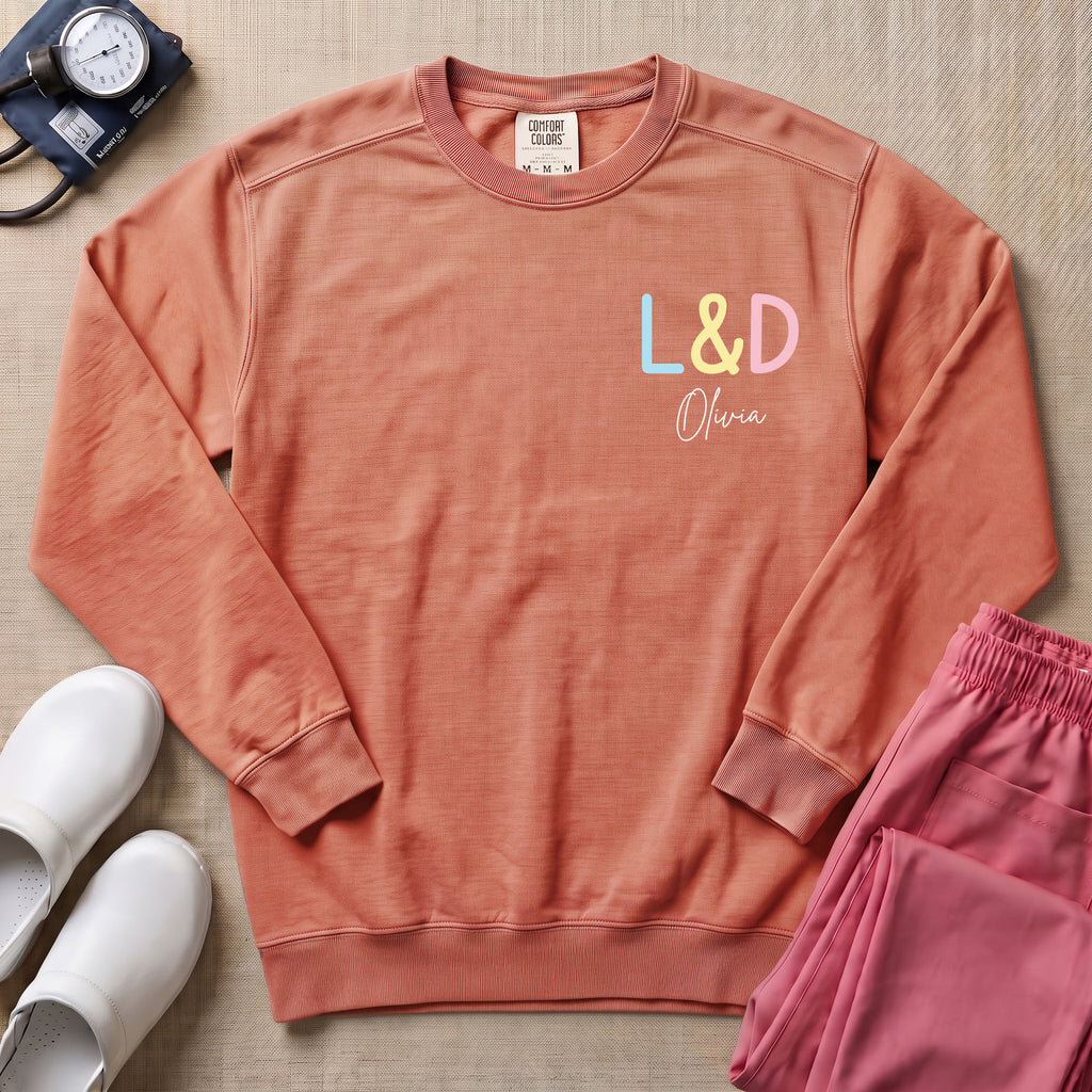 Funny Womb Service We Deliver Stork L&D Two-Sided Personalized Sweatshirt - Terracotta Comfort Colors Sweatshirt | HugTee