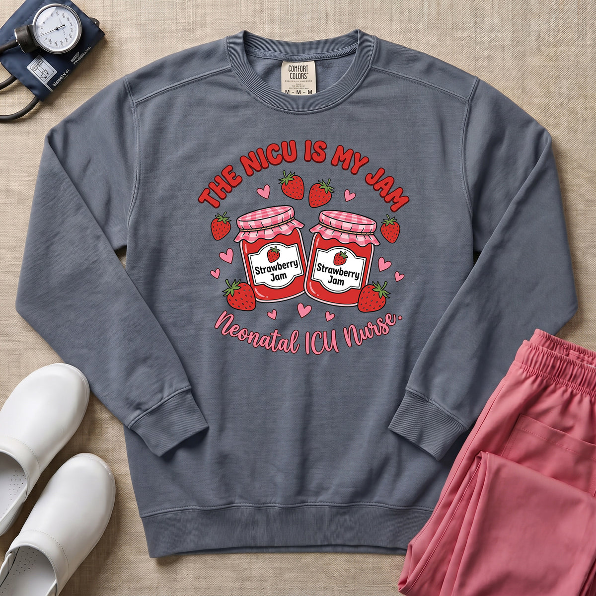 The NICU Is My Jam Retro Strawberry Nurse Sweatshirt - Blue Jean Comfort Colors Sweatshirt | HugTee