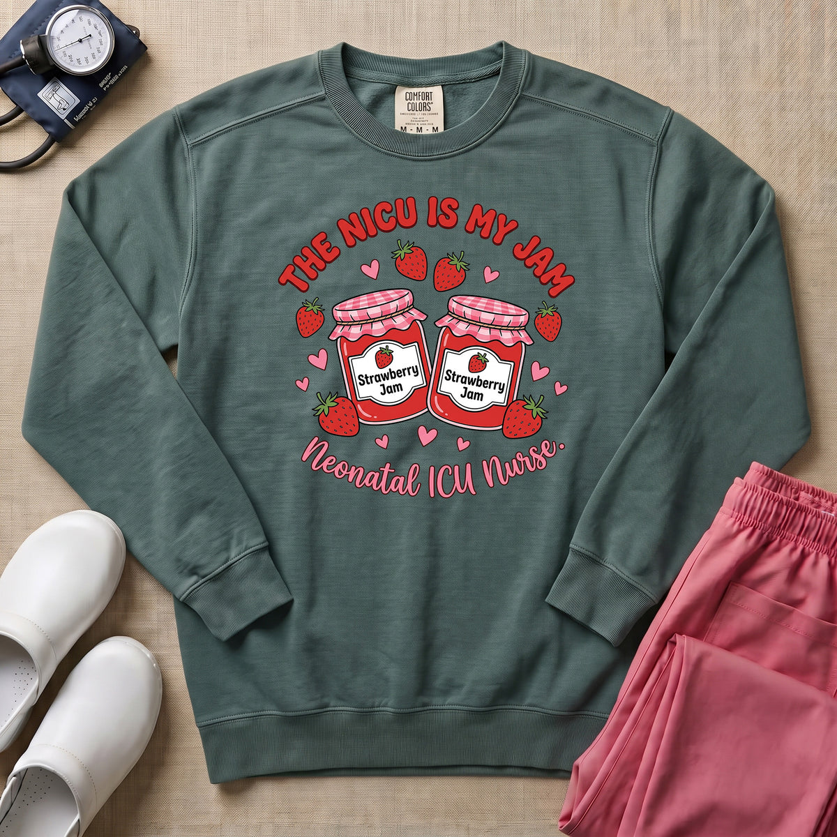 The NICU Is My Jam Retro Strawberry Nurse Sweatshirt - Blue Spruce Comfort Colors Sweatshirt | HugTee
