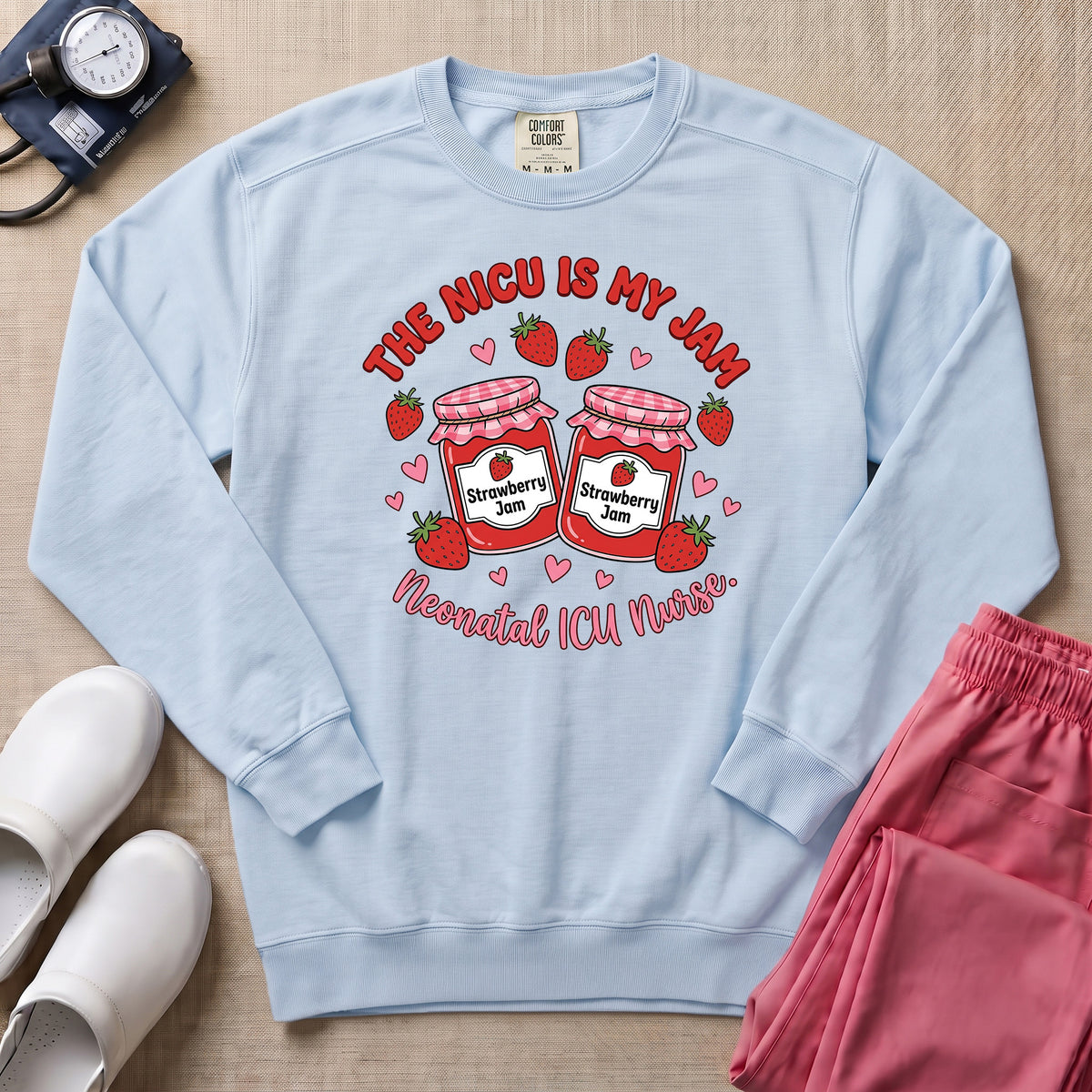 The NICU Is My Jam Retro Strawberry Nurse Sweatshirt - Chambray Comfort Colors Sweatshirt | HugTee