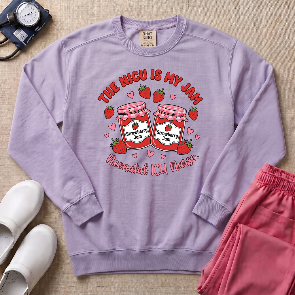 The NICU Is My Jam Retro Strawberry Nurse Sweatshirt - Orchid Comfort Colors Sweatshirt | HugTee