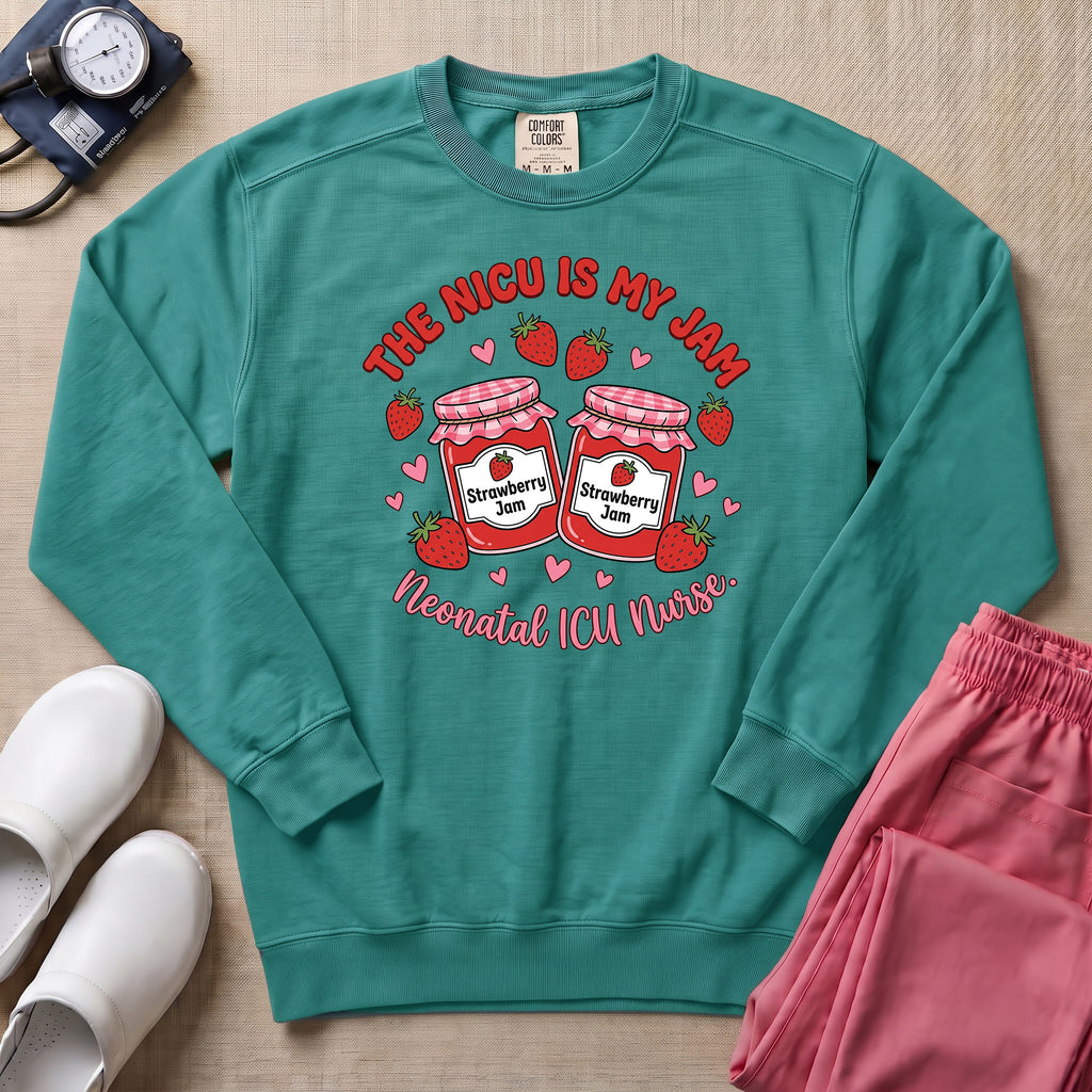 The NICU Is My Jam Retro Strawberry Nurse Sweatshirt - Seafoam Comfort Colors Sweatshirt | HugTee