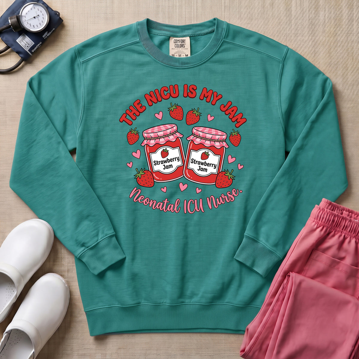 The NICU Is My Jam Retro Strawberry Nurse Sweatshirt - Seafoam Comfort Colors Sweatshirt | HugTee
