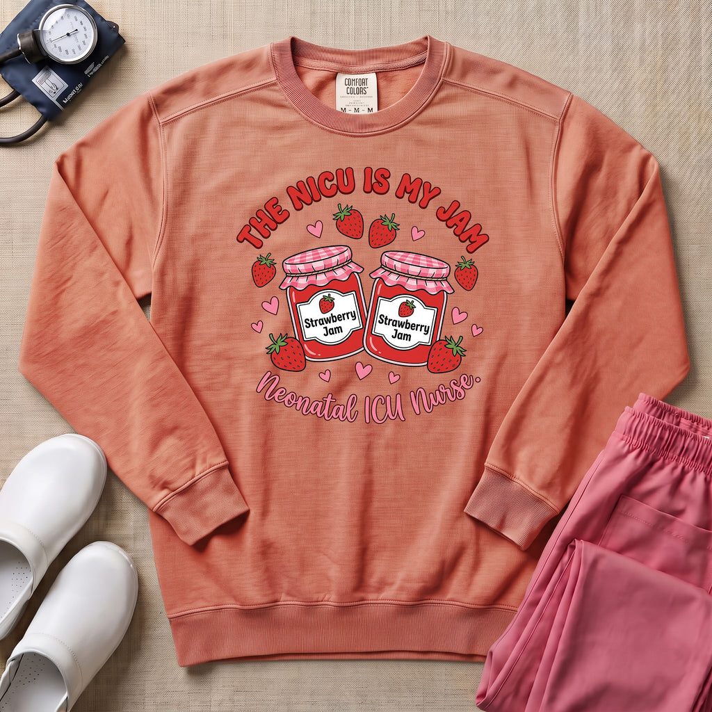 The NICU Is My Jam Retro Strawberry Nurse Sweatshirt - Terracotta Comfort Colors Sweatshirt | HugTee