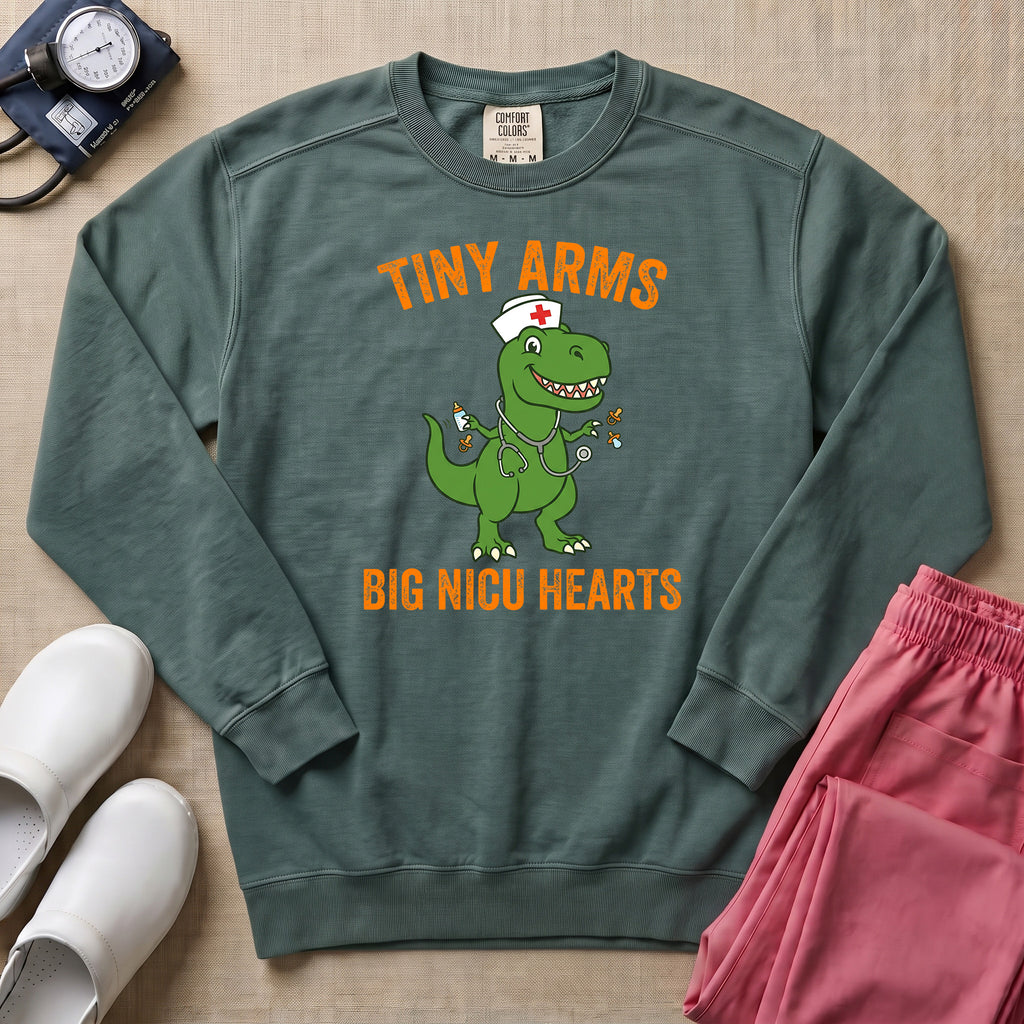 Tiny Arms Big NICU Hearts Funny T-Rex Nurse Sweatshirt - Blue Spruce Comfort Colors Sweatshirt | HugTee