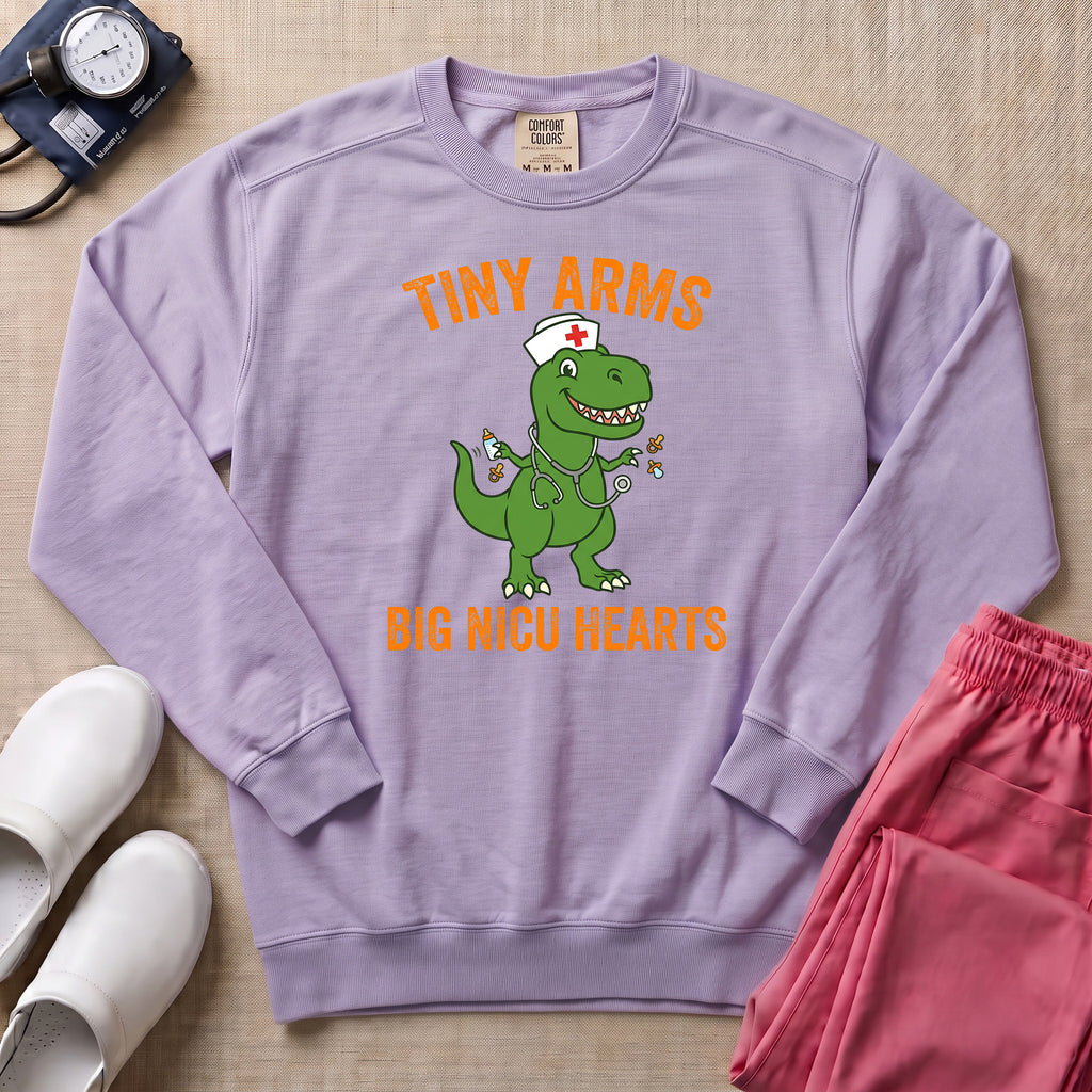 Tiny Arms Big NICU Hearts Funny T-Rex Nurse Sweatshirt - Orchid Comfort Colors Sweatshirt | HugTee