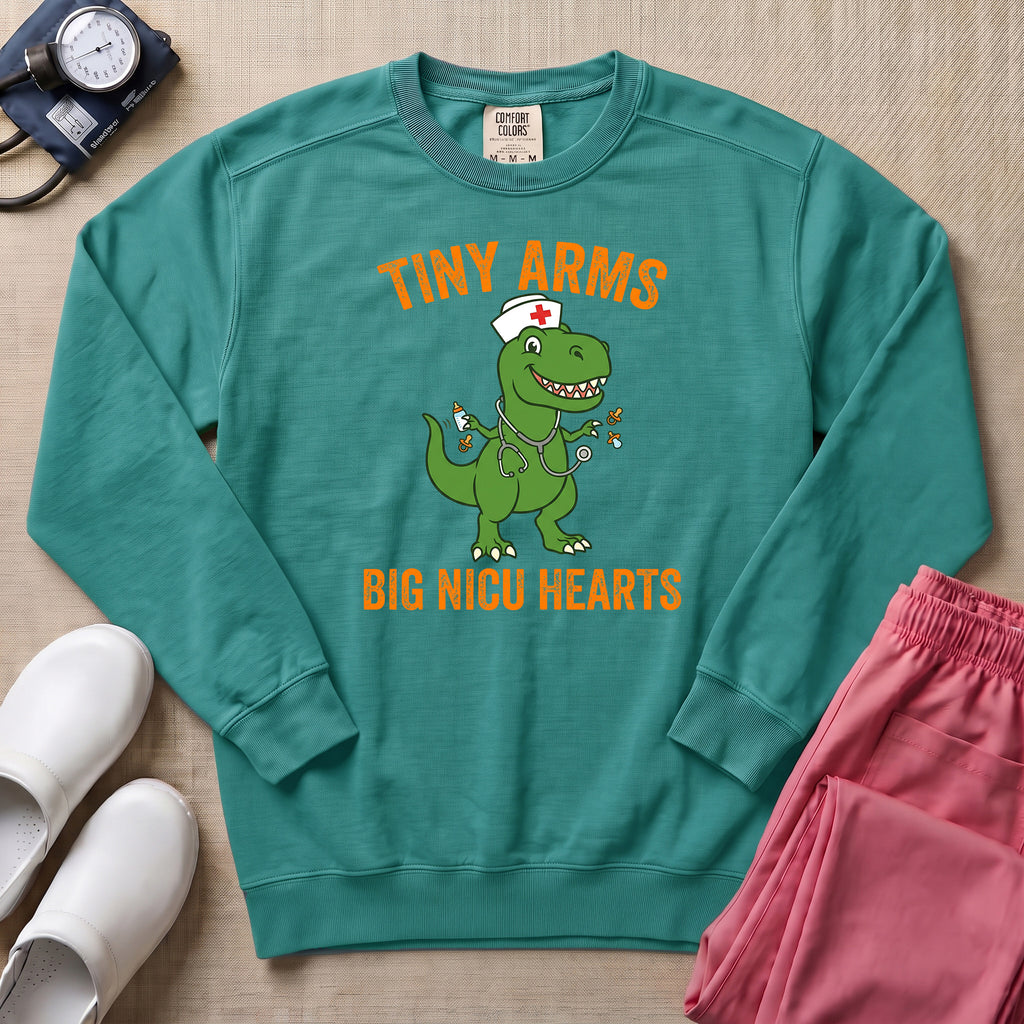 Tiny Arms Big NICU Hearts Funny T-Rex Nurse Sweatshirt - Seafoam Comfort Colors Sweatshirt | HugTee