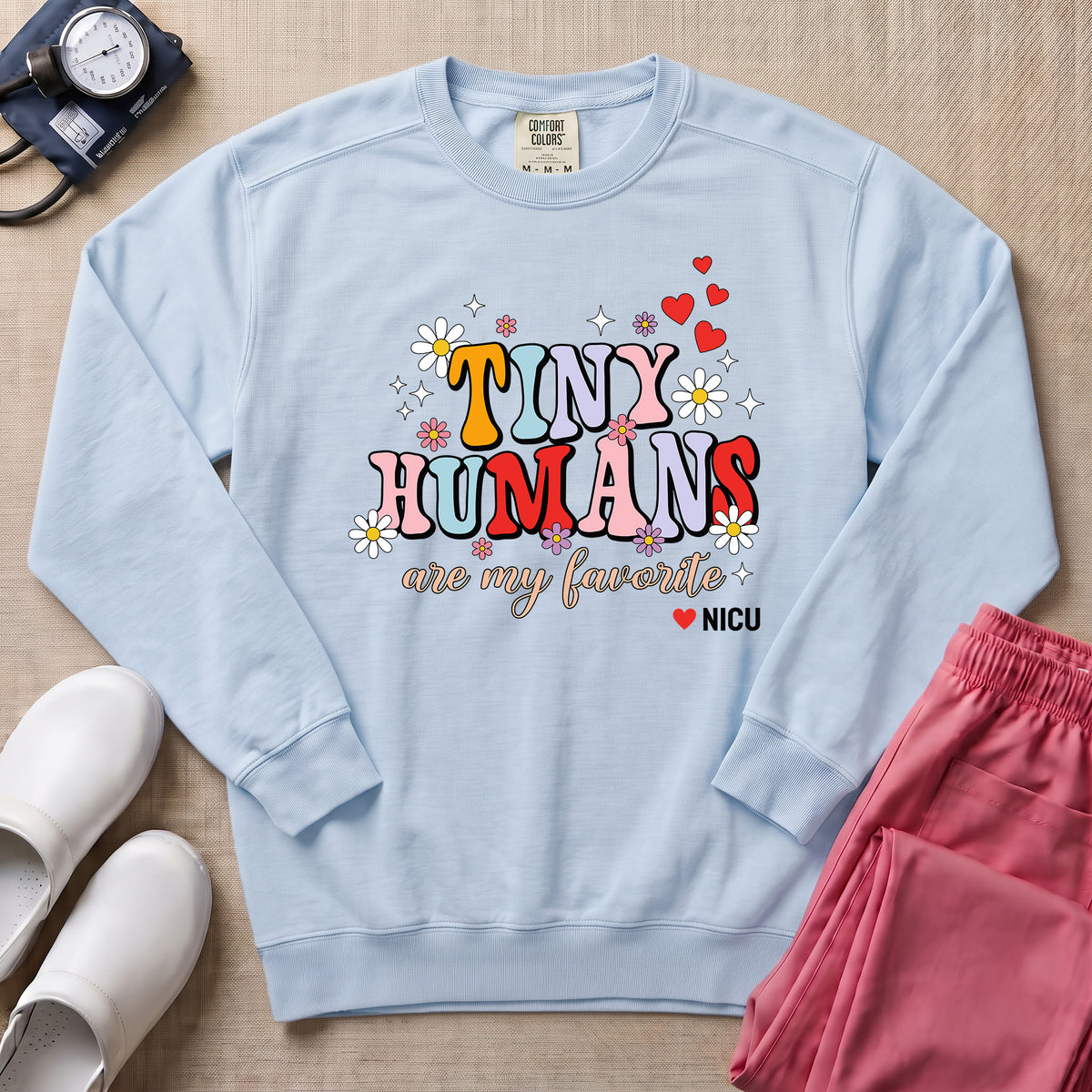 Tiny Humans Are My Favorite Retro NICU Nurse Sweatshirt - Chambray Comfort Colors Sweatshirt | HugTee