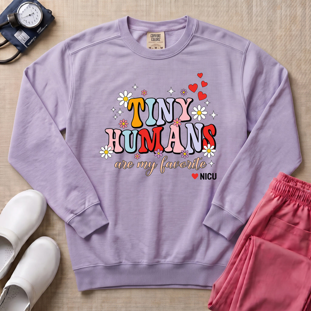 Tiny Humans Are My Favorite Retro NICU Nurse Sweatshirt - Orchid Comfort Colors Sweatshirt | HugTee