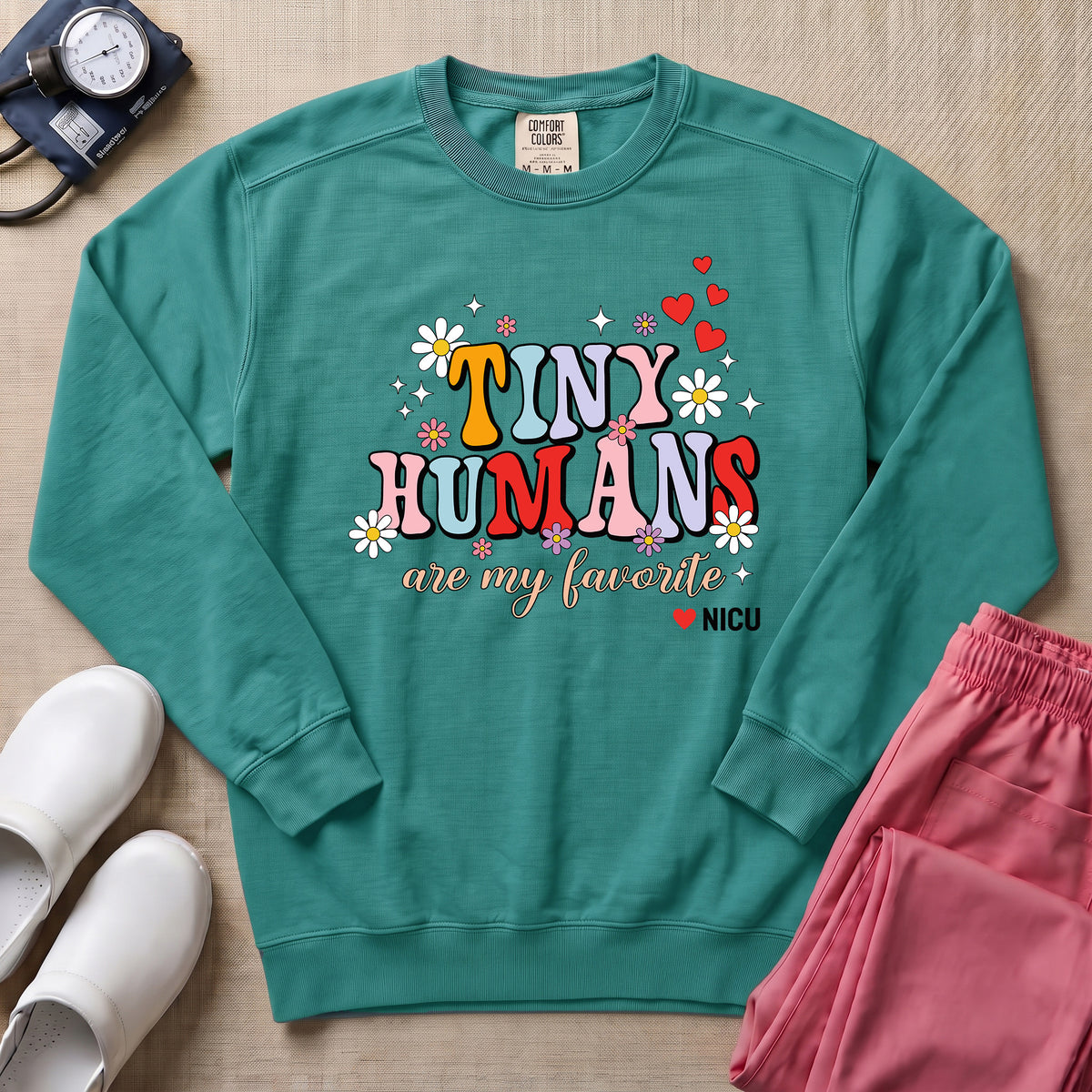 Tiny Humans Are My Favorite Retro NICU Nurse Sweatshirt - Seafoam Comfort Colors Sweatshirt | HugTee