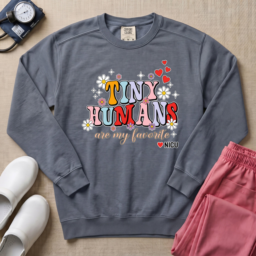 Tiny Humans Are My Favorite Retro NICU Nurse Sweatshirt - Blue Jean Comfort Colors Sweatshirt | HugTee