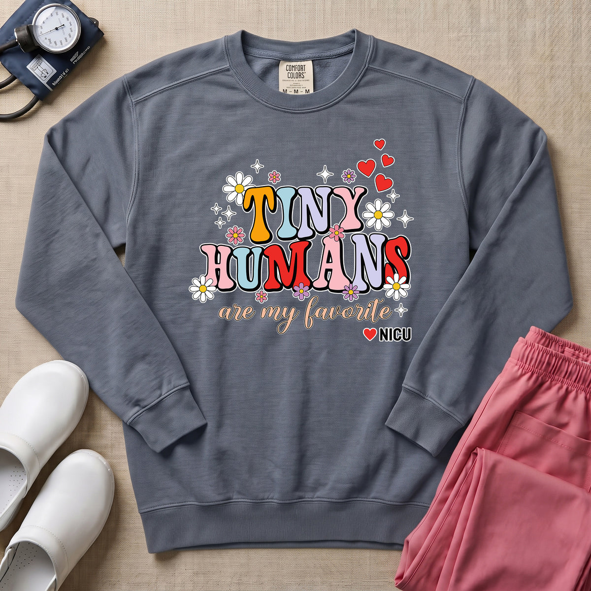 Tiny Humans Are My Favorite Retro NICU Nurse Sweatshirt - Blue Jean Comfort Colors Sweatshirt | HugTee