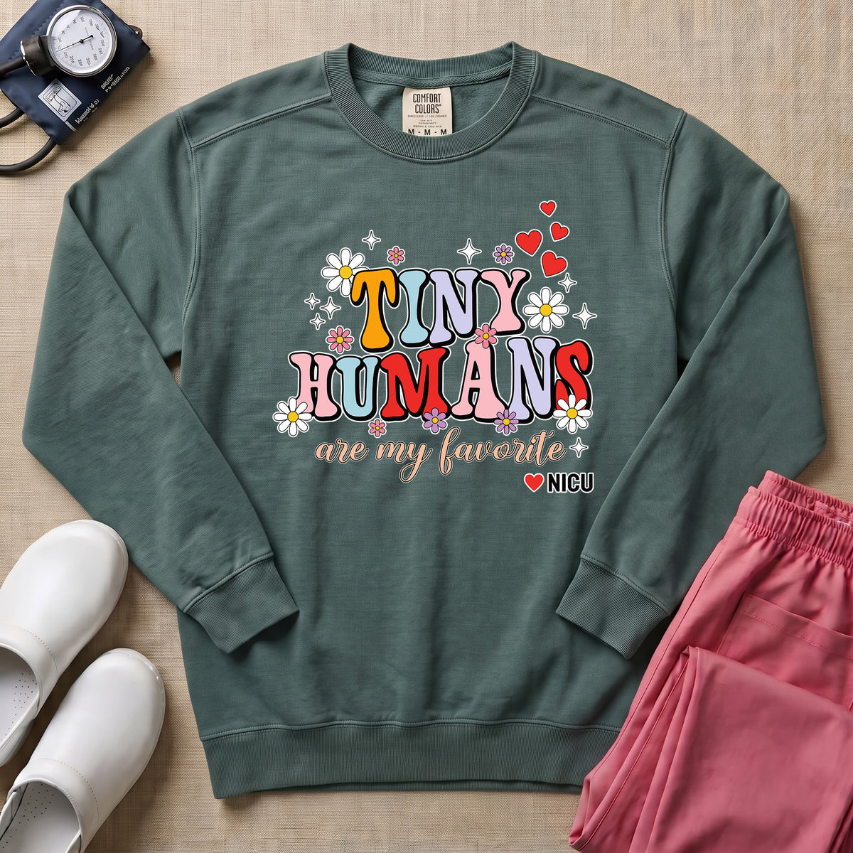 Tiny Humans Are My Favorite Retro NICU Nurse Sweatshirt - Blue Spruce Comfort Colors Sweatshirt | HugTee